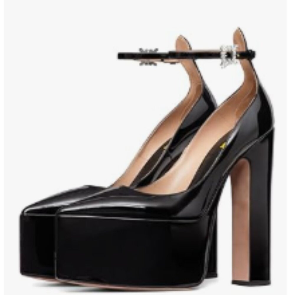 FSJ Black Women Pointed Toe Chunky Heel Ankle Strap Pumps High Platform Shoes